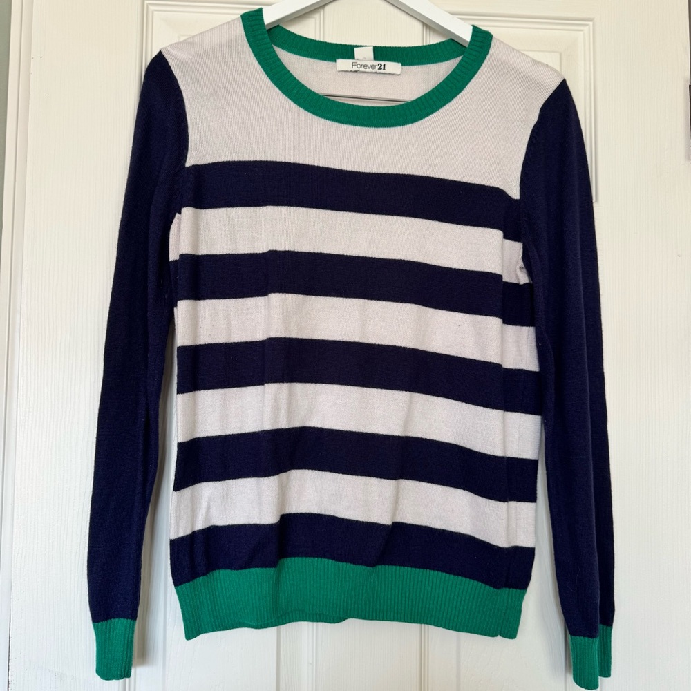 Forever 21 Navy And White Sweater with Green Trim